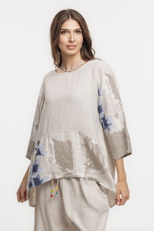 Bluza lejera din in bej cu imprimeu floral pictural [1]