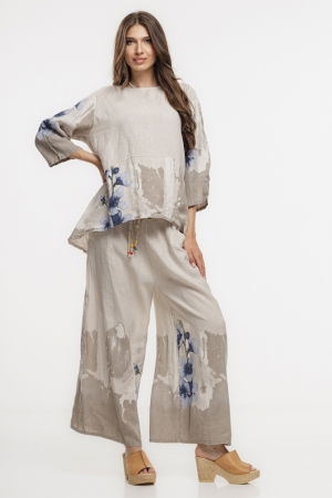 Bluza lejera din in bej cu imprimeu floral pictural [5]