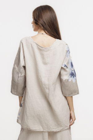 Bluza lejera din in bej cu imprimeu floral pictural [3]