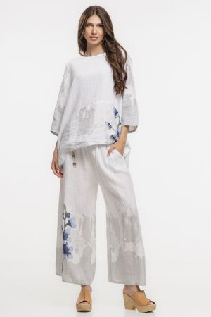 Bluza lejera din in alb cu imprimeu floral pictural [7]