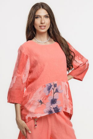 Bluza lejera din in corai cu imprimeu floral pictural [1]