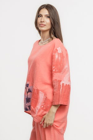 Bluza lejera din in corai cu imprimeu floral pictural [2]