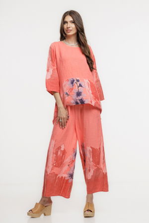 Bluza lejera din in corai cu imprimeu floral pictural [3]