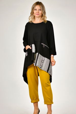 Bluze Casual - Tunica asimetrica cu insertii grafice si fermoar decorativ – black contrast