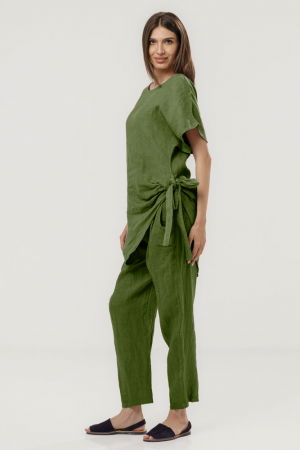 Bluza lunga din in colt si funda, verde oliv [1]