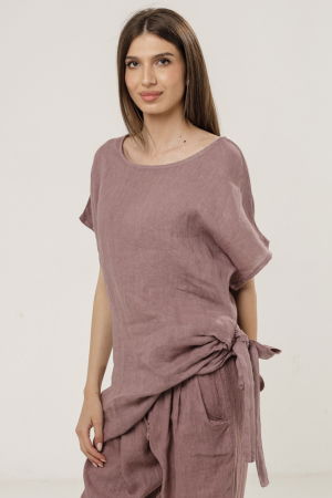 Bluze din In - Bluza lunga din in cu colt si funda, roz prafuit inchis