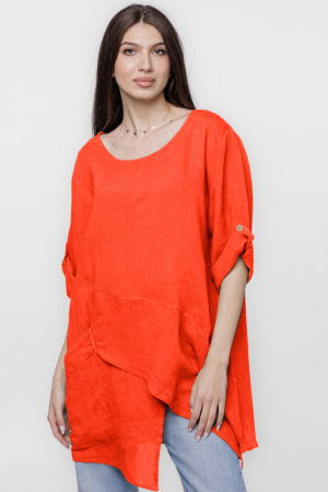 Bluze din In - Bluza lunga tunica, in colturi, din in, portocalie