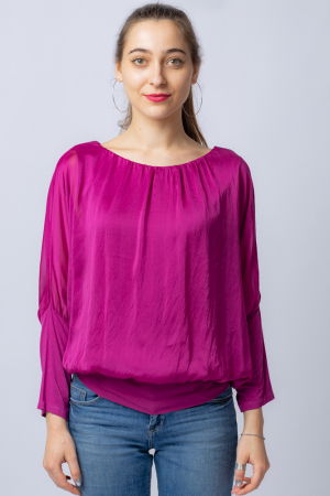 Bluze din Mătase si Vâscoză - Bluza mov zmeura uni din matase si vascoza, cu maneca lunga fluture si elastic la poale