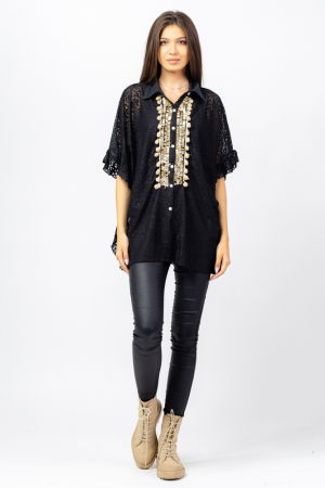 Bluza neagra eleganta din dantela cu aplicatie aurie [2]