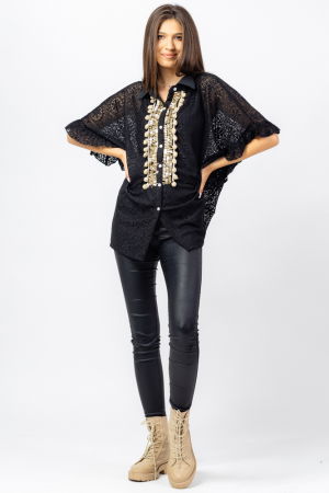 Bluze Casual - Bluza neagra eleganta din dantela cu aplicatie aurie