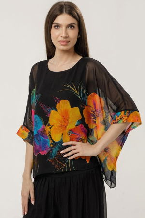 1988 Studio - Bluza neagra din matase si vascoza cu maneca scurta si imprimeu floral exotic
