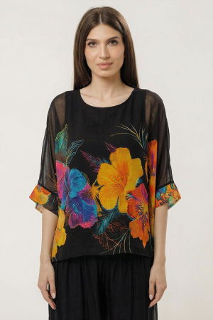 Bluza neagra din matase si vascoza cu maneca scurta si imprimeu floral exotic [1]