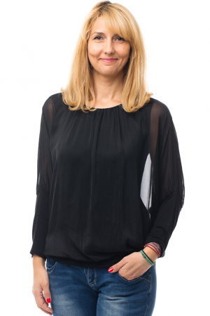 Bluze din Mătase si Vâscoză - Bluza neagra uni din matase si vascoza cu maneca lunga fluture si elastic la poale