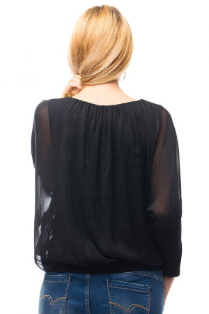 Bluza neagra uni din matase si vascoza cu maneca lunga fluture si elastic la poale [5]