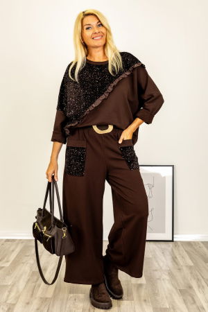 Bluza oversize din tricot cu paiete si volanas din tafta, maro [3]