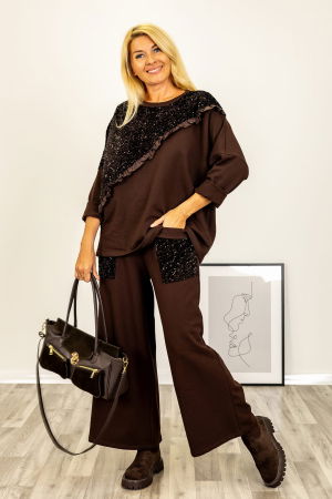 Bluza oversize din tricot cu paiete si volanas din tafta, maro [1]