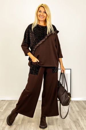 Bluze Casual - Bluza oversize din tricot cu paiete si volanas din tafta, maro