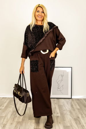 Bluza oversize din tricot cu paiete si volanas din tafta, maro [2]