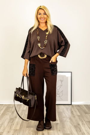 Bluze Casual - Bluza oversize cu paiete pe maneci si funda de tafta pe spate, maro