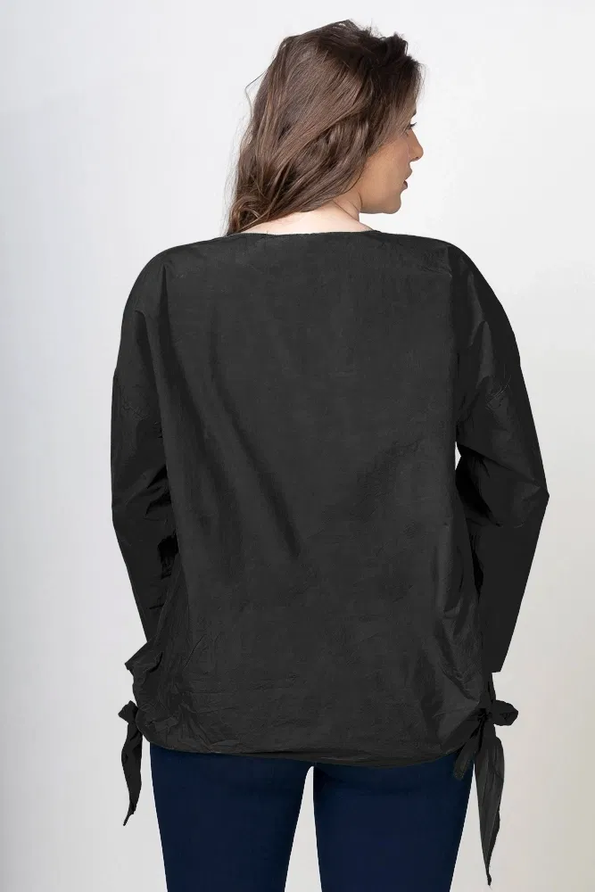 Bluza oversize din bumbac, cu maneca 1/2 si funde laterale, neagra [1]