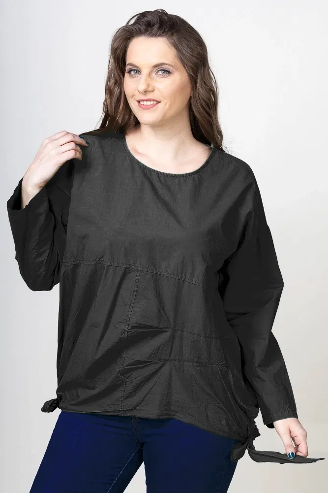 Bluze Casual - Bluza oversize din bumbac, cu maneca 1/2 si funde laterale, neagra