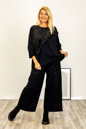 Bluze Casual - Bluza oversize din tricot cu paiete si volanas din tafta, neagra