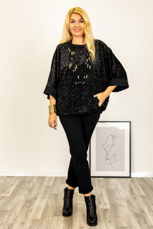 Bluze Casual - Bluza glamour oversize cu paiete negre si maneca lejera – black sparkle