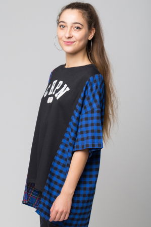 Bluza oversize neagra cu ecosez albastru, din bumbac [1]