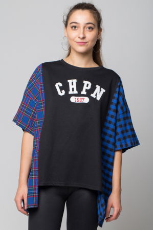 Tricouri Mânecă Scurtă - Bluza oversize neagra cu ecosez albastru, din bumbac