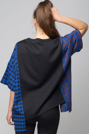 Bluza oversize neagra cu ecosez albastru, din bumbac [2]