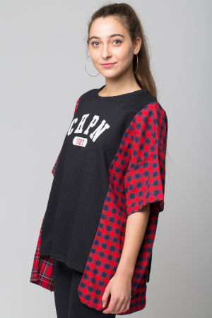 Bluze Casual - Bluza oversize neagra cu ecosez rosu, din bumbac