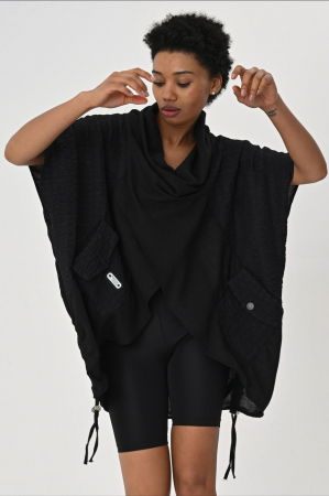 Bluze Casual - Bluza neagra oversize petrecuta, cu buzunare si sireturi laterale