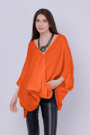 Bluze din In - Bluza oversize petrecuta, din in, portocalie