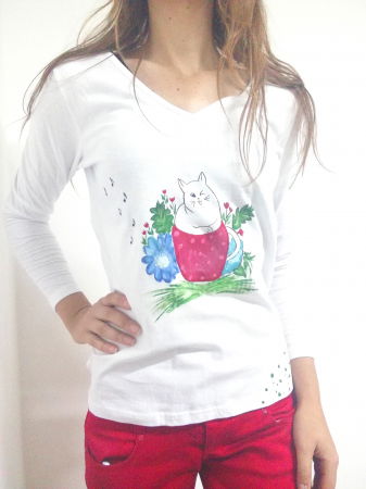 Bluze Pictate Manual - Bluză pictată manual ,cu pisicuță