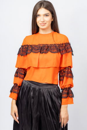 Bluze Casual - Bluza portocalie, eleganta cu volane si dantela neagra
