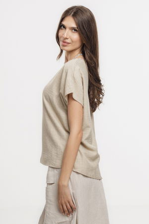 Bluza bej lejera din vascoza cu in, usor creponata, cu maneca cazuta scurta [1]