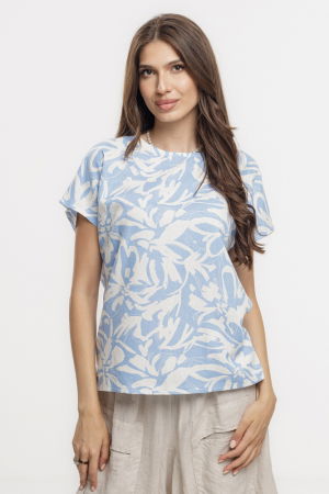 Bluze & Cămăși & Tricouri - Bluza bleu lejera din vascoza cu in, imprimata, cu maneca cazuta scurta