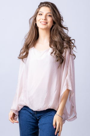 Bluze din Mătase si Vâscoză - Bluza roz diafan din matase si vascoza cu maneca fluture
