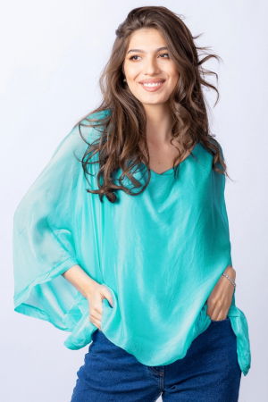 Bluze din Mătase si Vâscoză - Bluza turcoaz din matase si vascoza cu maneca fluture