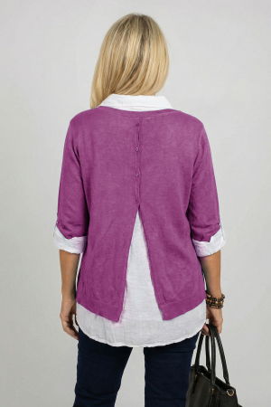 Bluza si camasa trei in unu, cu tricot fin, camasa din bumbac si esarfa cu franjuri dantelati, mov [1]