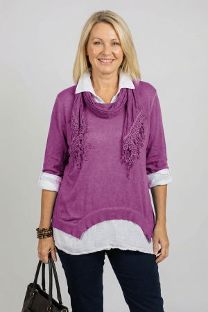 Pulovere - Bluza si camasa trei in unu, cu tricot fin, camasa din bumbac si esarfa cu franjuri dantelati, mov