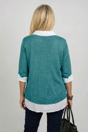 Bluza si camasa trei in unu, cu tricot fin, camasa din bumbac si esarfa cu franjuri dantelati, turcoaz inchis [1]