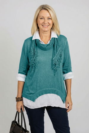 Pulovere - Bluza si camasa trei in unu, cu tricot fin, camasa din bumbac si esarfa cu franjuri dantelati, turcoaz inchis