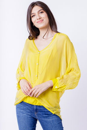 Bluza tip camasa, cu fald, din matase si vascoza galbena, cu dublura Cămăși din Vâscoză - Bluza tip camasa, cu fald, din matase si vascoza galbena, cu dublura