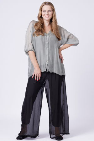 Bluza tip camasa din matase si vascoza kaki, cu elastic la maneci si dublura [4]