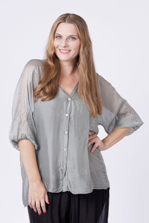 Bluza tip camasa din matase si vascoza kaki, cu elastic la maneci si dublura [2]