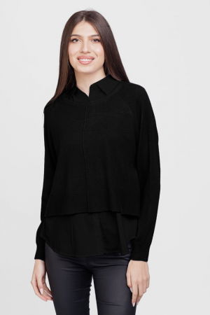 Pulovere - Bluza tip camasa doi in unu, cu angora si tricotajul negru