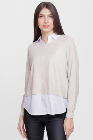 Pulovere - Bluza tip camasa doi in unu, cu angora si tricotajul bej
