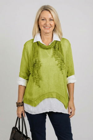 Pulovere - Pulover si camasa trei in unu, cu tricotaj lana si mohair, camasa din bumbac si esarfa cu franjuri dantelati, verde