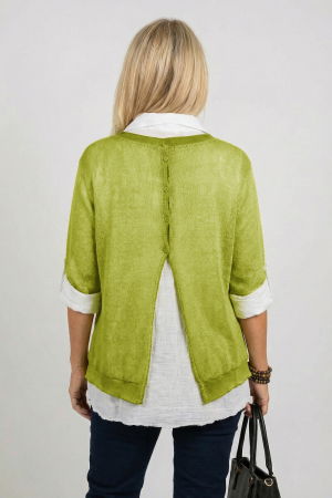 Pulover si camasa trei in unu, cu tricotaj lana si mohair, camasa din bumbac si esarfa cu franjuri dantelati, verde [1]